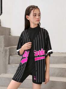 3pcs/Set Tween Girl Loose Black And White Striped Vest,  Half High-Neck Short Cardigan & Cycling Shorts With Printed Patterns - Black - View 6