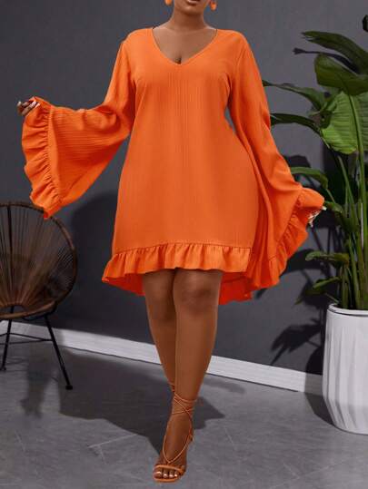 Maweii Plus Extra-Long Sleeve Flare Sleeve Ruffle Hem Dress Fall Cloth For Women