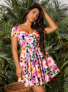 SHEIN SXY Women's Navy Blue Floral Summer Boho Vacation Holiday Short Dress,Sweetheart Neckline Double-Layered Ruffled Hem Birthday Bachelorette Outfit - Multicolor - View 1