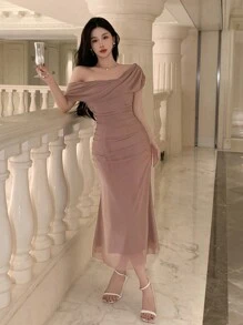 Joudiya Vestido midi de manga corta con cuello asimétrico de unicolor para mujer, vestido de cóctel elegante para el Día de San Valentín