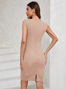 SHEIN Clasi Summer Sleeveless Solid Color Bodycon Dress With Notch Neckline And Ruffled Hem For Women