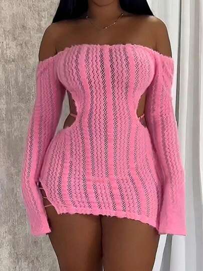 Solid Color Hollow Out Off Shoulder Bodycon Dress,Ladies Sexy Cut Out,Lettuce Trim,Split Long Sleeve Off The Shoulder Regular Fit Short Pink Flare Sleeve Plain Bodycon Women Short Dresses,Spring/Fall,Casual Daily Wear Elegant