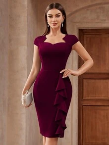 MIUSOL Elegant Solid Sweetheart Neck Ruffle Trim Cocktail Party Fitted Dress - Burgundy - View 3