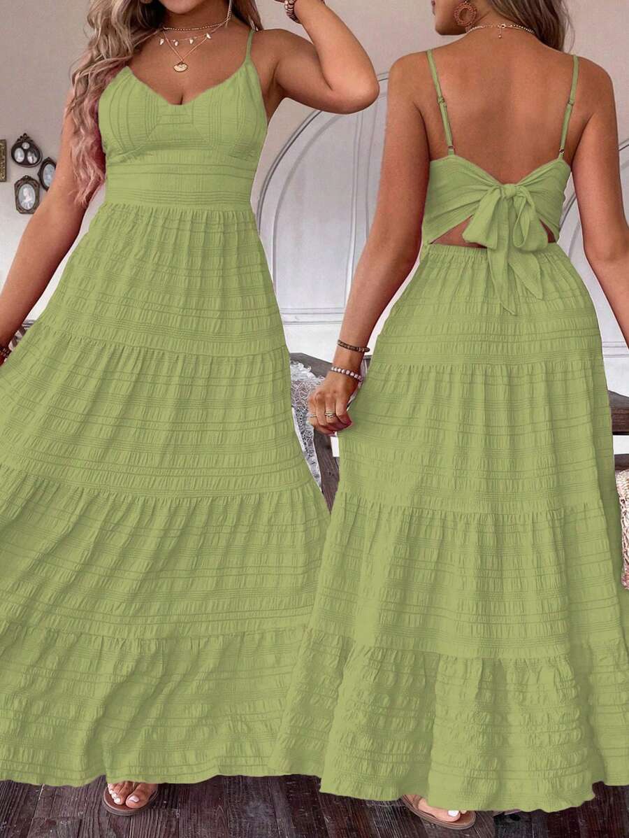 SHEIN Franclia Cộng với kích thước màu trơn Ruffle Hem Backless Sundress không tay - màu xanh lá - Xem 1