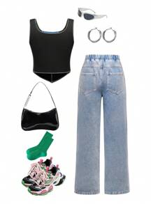 少女夏季不對稱領口字母印花無袖上衣和長褲休閒兩件套裝 - 彩色 - 查看 2