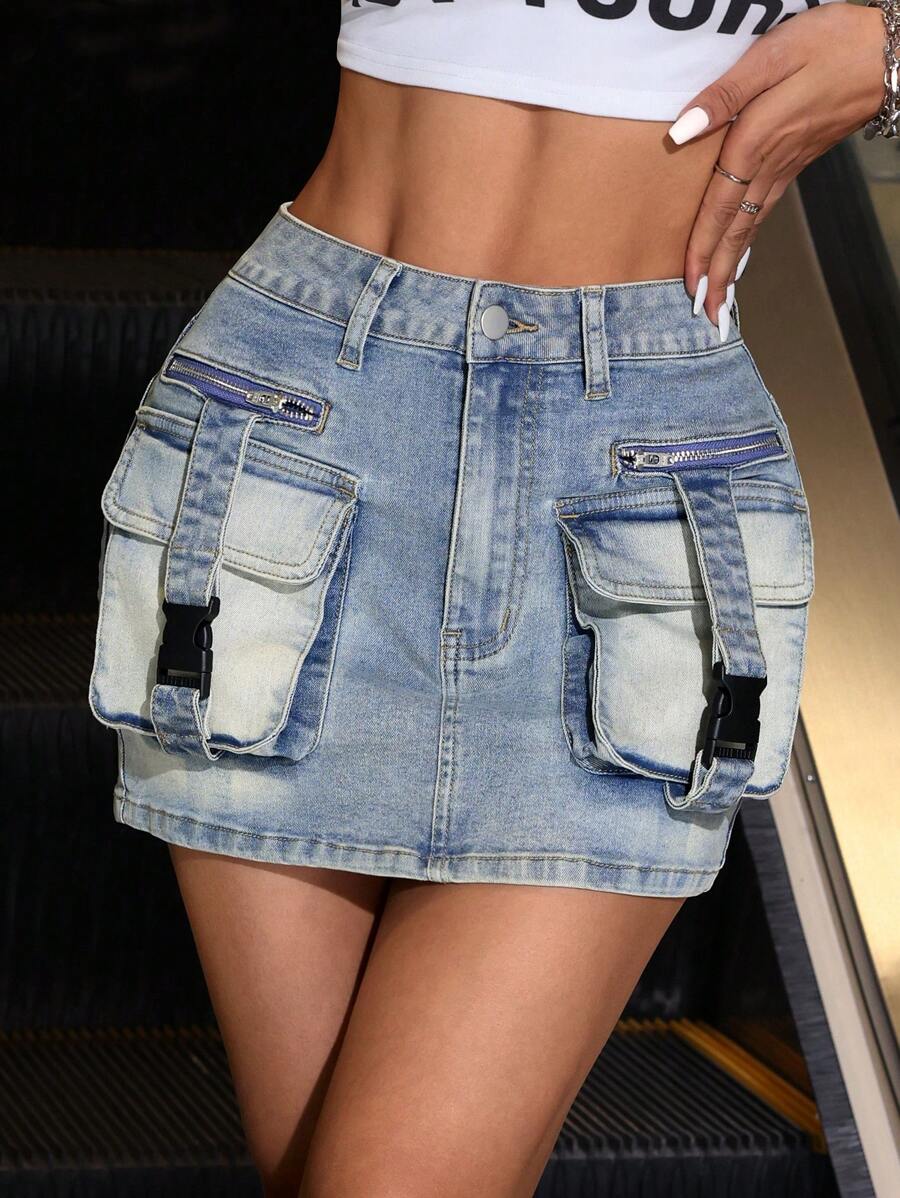 SHEIN ICON 復古口袋設計夏季工裝牛仔裙 - 中等水洗藍 - 查看 1