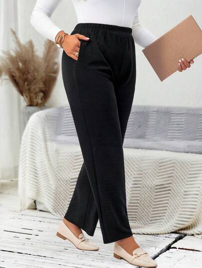 EMERY ROSE Plus Size Women's Casual Daily Black Long Pants With Pockets,Spring/Summer/Vacation Fall