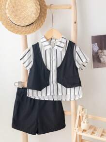 SHEIN Áo vest thường ngày cho bé trai/bé gái, áo sơ mi ngắn tay màu trơn/sọc & quần short lưng thun, lý tưởng cho các bữa tiệc sinh nhật, lễ rửa tội, lễ kỷ niệm sinh nhật đầu tiên, tiệc tùng, biểu diễn, đám cưới, v.v. - Nhiều màu - Xem 8