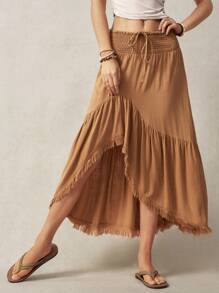 Bohemela 女士不对称下摆度假裙 - 卡其色 - 查看 8