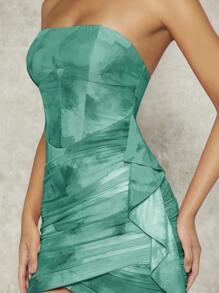L'Amorae Tie Dye Draped Ruffle Tube Dress - Green - View 4