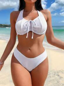 Women's Solid Color Front Drawstring Halter Bra & Bikini Bottom Sexy Bikini Set For Summer Beach - White - View 1