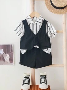 SHEIN Áo vest thường ngày cho bé trai/bé gái, áo sơ mi ngắn tay màu trơn/sọc & quần short lưng thun, lý tưởng cho các bữa tiệc sinh nhật, lễ rửa tội, lễ kỷ niệm sinh nhật đầu tiên, tiệc tùng, biểu diễn, đám cưới, v.v. - Nhiều màu - Xem 15