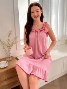 Vestido de pijama con camiseta de tirantes de color block y dobladillo con volantes con borde de seta - Rosa - Ver 5