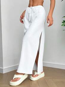 SHEIN EZwear Falda para mujer de línea A con abertura de unicolor para uso diario y sencillo - Blanco - Ver 4