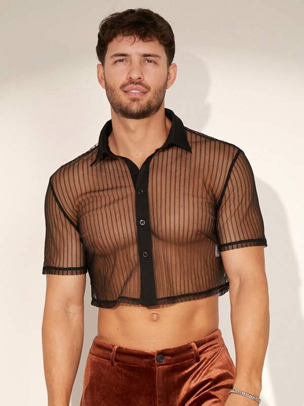 FeverCity Men's Mesh Striped See-Through Short Sleeve Shirt, Suitable For Summer