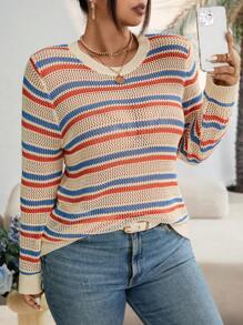 Calvaya Plus Size Spring/Autumn Casual Color Block Striped Hollow Knitted Sweater Fall Winter - Multicolor - View 5