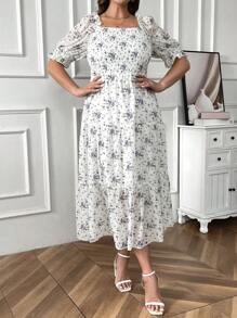 SHEIN LUNE Plus Size Square Neckline Puff Sleeve Cinching Waist Dress - Multicolor - View 6