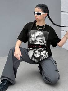 SHEIN 女性肖像少女休闲卡通图案短袖T恤，棉混纺，适合夏季穿着 - 黑色 - 查看 1