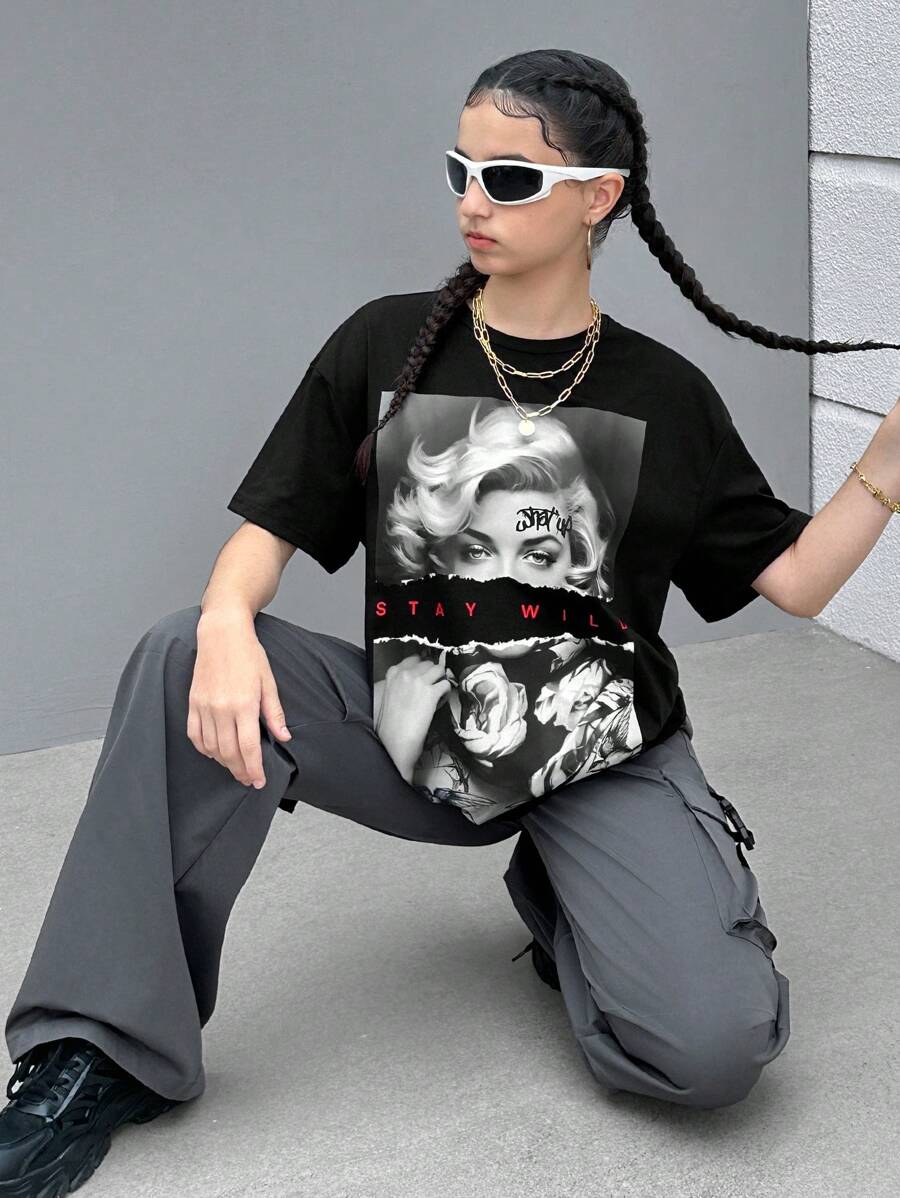 SHEIN 女性肖像少女休闲卡通图案短袖T恤，棉混纺，适合夏季穿着 - 黑色 - 查看 1