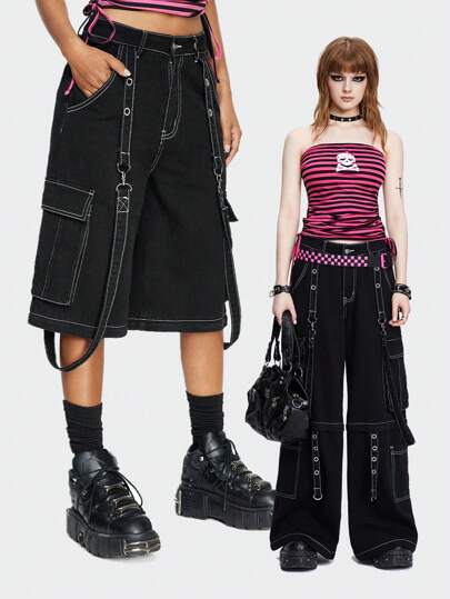 Grunge Punk Jeans boyfriend à taille basse, jambe large, avec fermeture éclair, rabat et poches, pour l'école