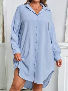 SHEIN Essnce 女裝大碼藍色插肩衫裙，長款式 - 藍色 - 查看 3