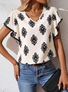 SHEIN LUNE Áo dài in họa tiết mùa hè cổ chữ V Ruffle Trim dành cho nữ - Màu be - Xem 2