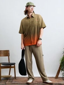 Manfinity RebelGame Men's Gradient Loose Short Sleeve Casual Shirt, Daily Wear.Men Shirts   Orange Shirt