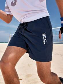 In My Nature Men Letter Graphic Drawstring Waist Outdoor Shorts - Blue - View 5