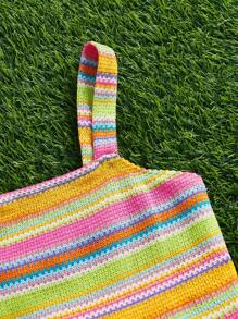 SHEIN Essnce Summer Yellow Boho Picnic Colorful Striped Knitted Fringed Hem Camisole Top And Shorts Two-Piece Set,Rave Festival Outfits For Women & Tween Girl - Multicolor - View 4