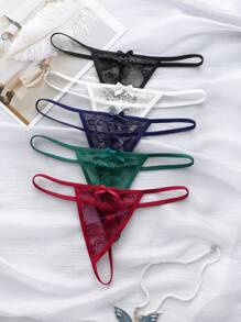 5pcs Women's Solid Color Lace Bowknot Sexy G-String Underwear For Everyday Wear Bow Tie