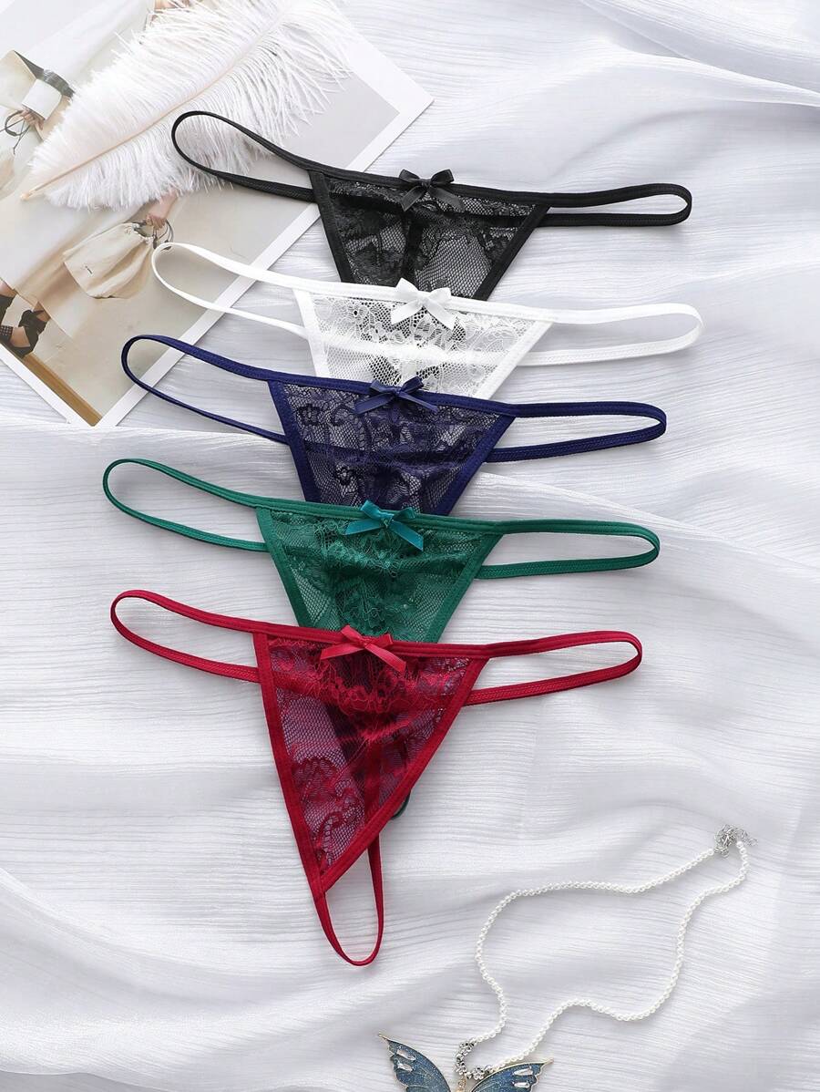5pcs Women's Solid Color Lace Bowknot Sexy G-String Underwear For Everyday Wear Bow Tie