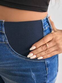 SHEIN Maternity Skinny Stretch Denim Capri Shorts With Rolled Hem, Blue - Blue - View 5