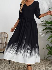 EMERY ROSE Black&White&Yellow Abstract Striped Pattern Wave Collar Ladies' Casual 3/4 Sleeve Dress - Black and White - View 4