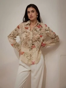 Chiquease Random Printed Turn-Down Collar, Slim-Fit Long Sleeve Shirt - Multicolor - View 3