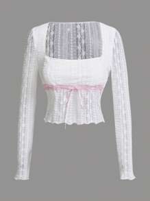 Sweetina Slim Fit Floral Lace Ribbon Decorated Long Sleeve T-Shirt - White - View 2