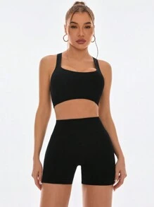 Gameset SHEIN Sport Conjunto deportivo de verano que incluye top sólido con espalda entrecruzada y pantalón corto - Negro - Ver 2