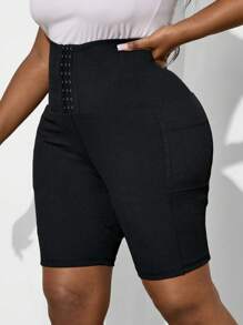 SHEIN Lady Plus Size Women's Slim Fit Trousers With Button Fastening, Summer Basics - Black - View 4