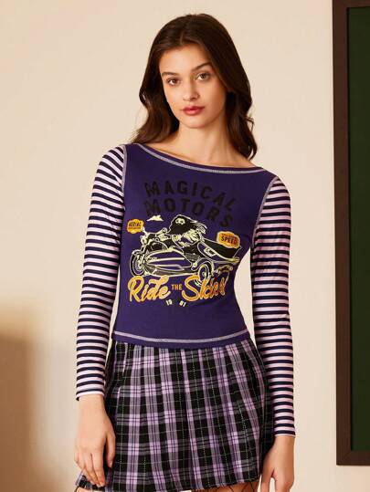 HARRY POTTER X SHEIN Women's Striped Figure And Letter Pattern Slim Fit Purple T-Shirt,Fall And Spring