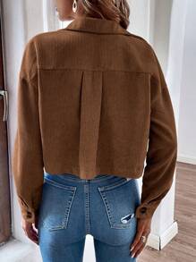 EMERY ROSE 春夏休闲纯色灯芯绒短款夹克，女士春秋休闲纽扣、口袋落肩领常规版型卡其色灯芯绒纯色女士夹克，休闲日常穿着 - 卡其色 - 查看 2