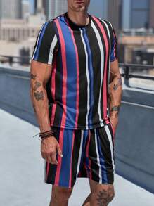 Manfinity Homme Men Striped Print Tee & Shorts - Multicolor - View 1