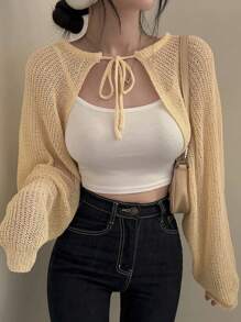 DAZY Áo len nữ dài tay khoét rỗng có cà vạt phía trước - Màu vàng - Xem 1