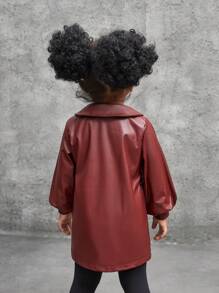 嬰兒女孩秋冬季PU啡紅色酷街風復古休閒日常優雅外套 - 彩色 - 查看 2