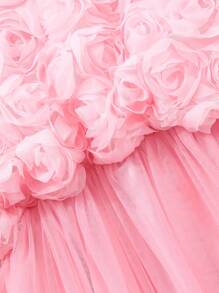 SHEIN Tween Girls Pink 3D Flower Mesh Dress - Pink - View 5