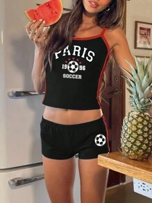 INAWLY Haut Cami et Short avec Lettrage Graphique et Bordure Contrastée - Noir - Voir 5