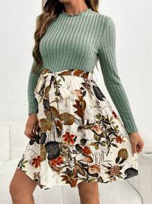 SHEIN Maternity Long Sleeve Daily Casual Rib Knit Plant Print Dress - Army Green - View 1