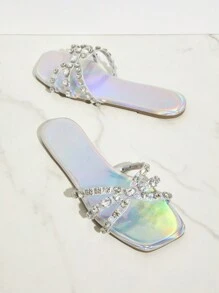 SHUZIA Sauare Toe Flat Sandals, Strappy, Stones, Metallic