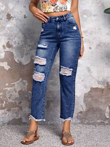 SHEIN LUNE Pantalones vaqueros informales en forma de cono con efecto desgastado, lavados - Azul lavado oscuro - Ver 4