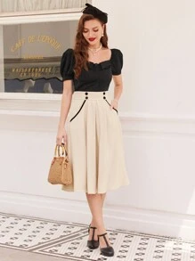 Vintamour 复古优雅女式 A 字裙，编织褶皱搭配撞色边缘，双排扣带口袋，适合度假和工作通勤返校服秋季女装老款商务女装休闲服教师服秋季服装工作女装 - 杏色 - 查看 7