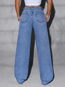 SHEIN ICON Jeans rectos bordados lavados, ropa diaria de moda - Azul lavado medio - Ver 2