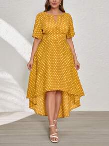 SHEIN Clasi Vestido de manga corta para mujer con bajo asimétrico, parte delantera corta y parte trasera larga, talla grande - Amarillo Mostaza - Ver 4